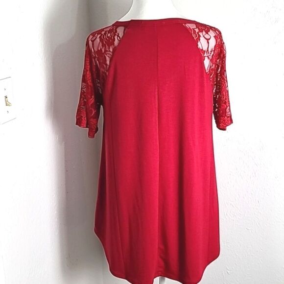 Zenana Red T-Shirt with Lace Shoulders & Lace Short Sleeves, Size Large, NWOT - Picture 7 of 9